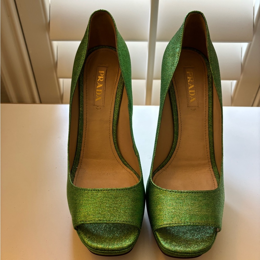 Prada Green Peep-Toe Platform Heels Size 40